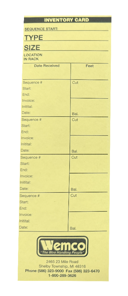 Service Card Inventory RACK01 Wire Inventory Cards (100 count) – Wemco
